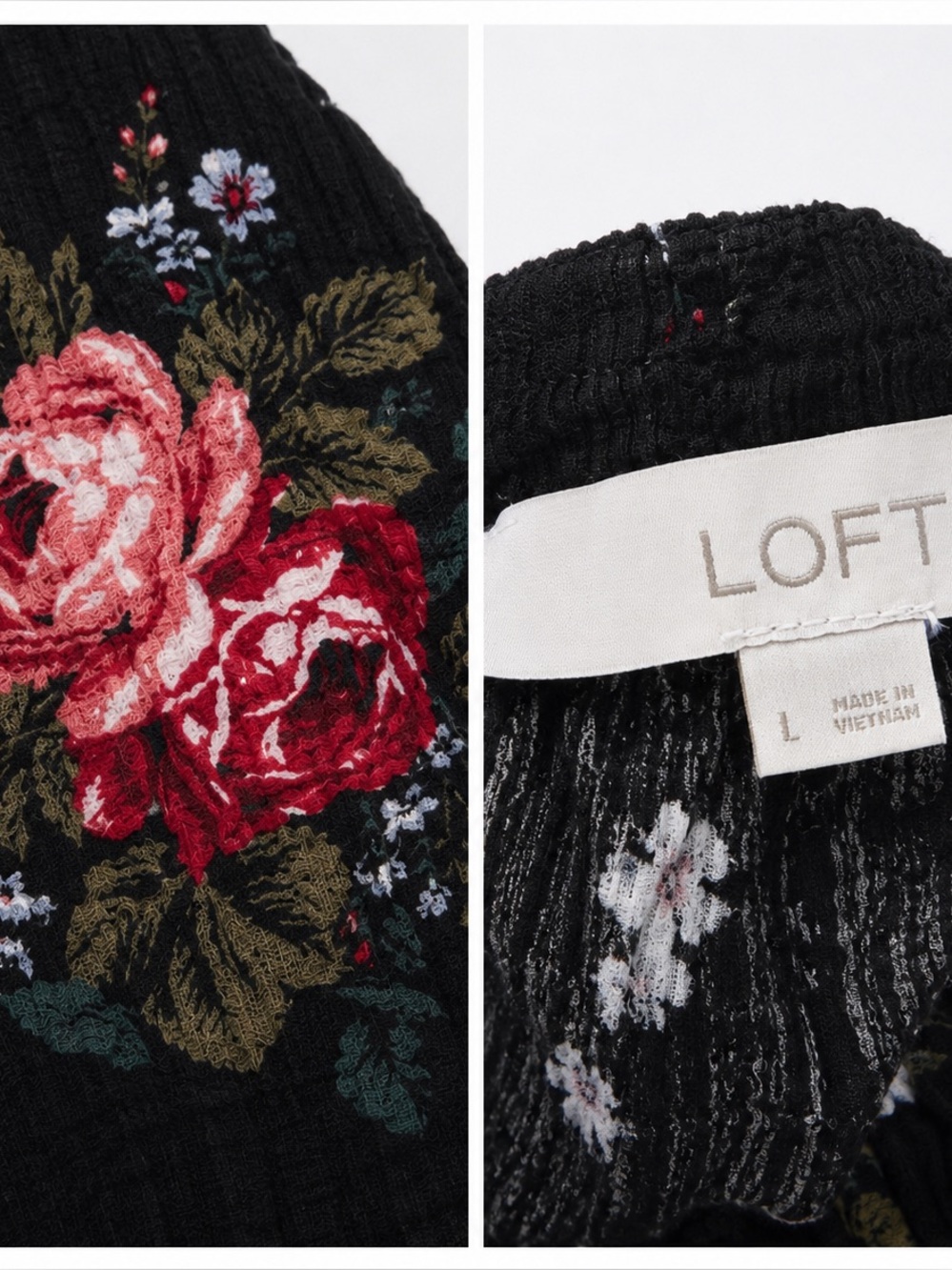 LOFT Black Floral Rose Print Peasant Blouse Large Long Sleeve Smocked Cuff Top - Picture 2 of 4